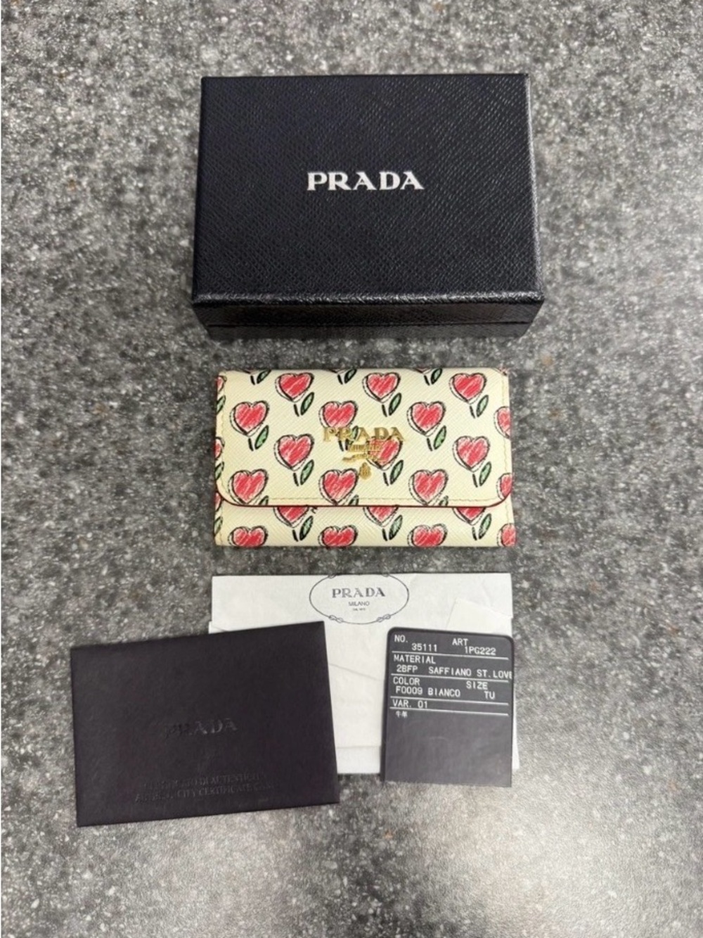 Prada Cream Saffiano Leather Card Case with Red Heart Motif